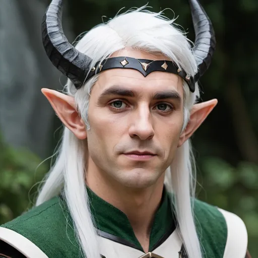 Prompt: Male elf with horns and white hair with a black stripe 