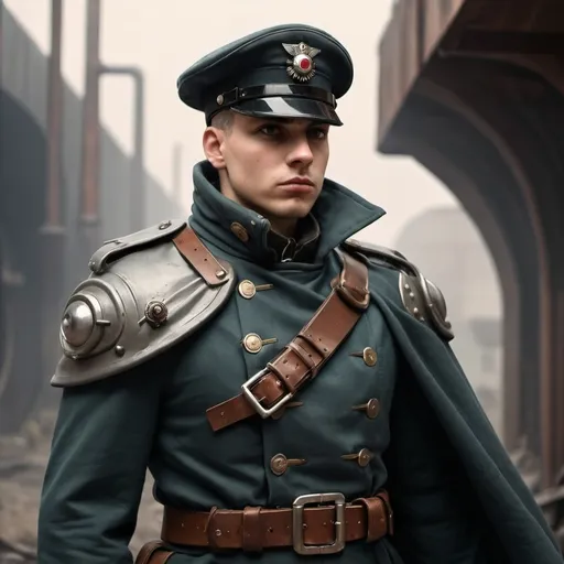 Prompt: Dieselpunk soldier with shoulder cape 