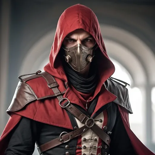 Prompt: Dieselpunk male assassin in assassin creed style with facemask with Crimson shoulder cape