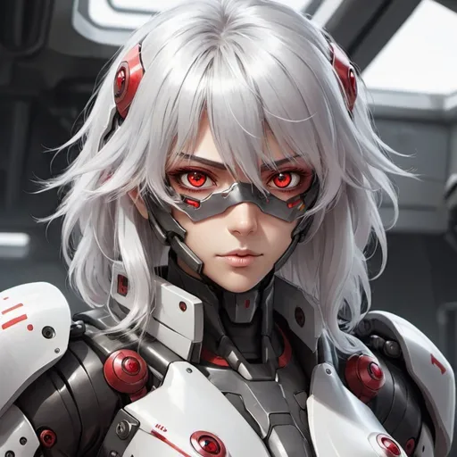 Prompt: Anime mech pilot with red eyes and silver hair 