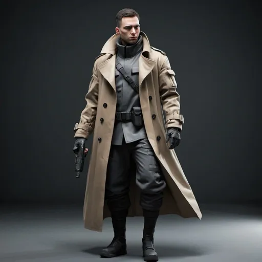 Prompt: Sci-fi soldier in trench coat 