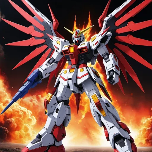 Prompt: Devil gundam mech with wings of red and black energy blazing like the sun