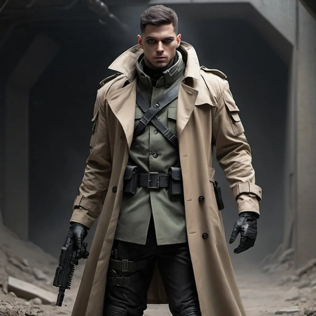 Prompt: Sci-fi soldier in trench coat 