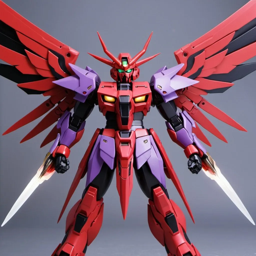 Prompt: Gundam devil with energy wings in red and purple and black with halo