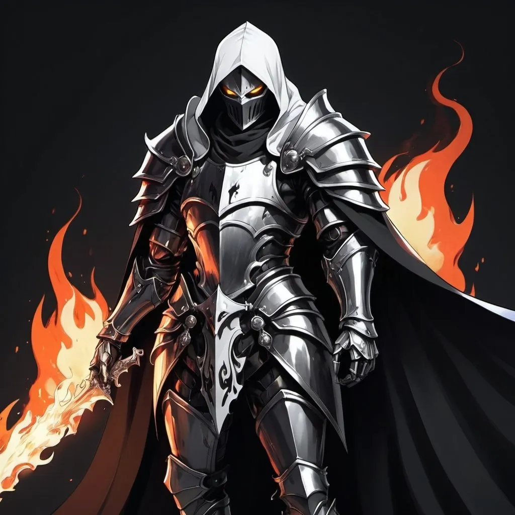 Prompt: Evil anime knight with black and white flame cape 