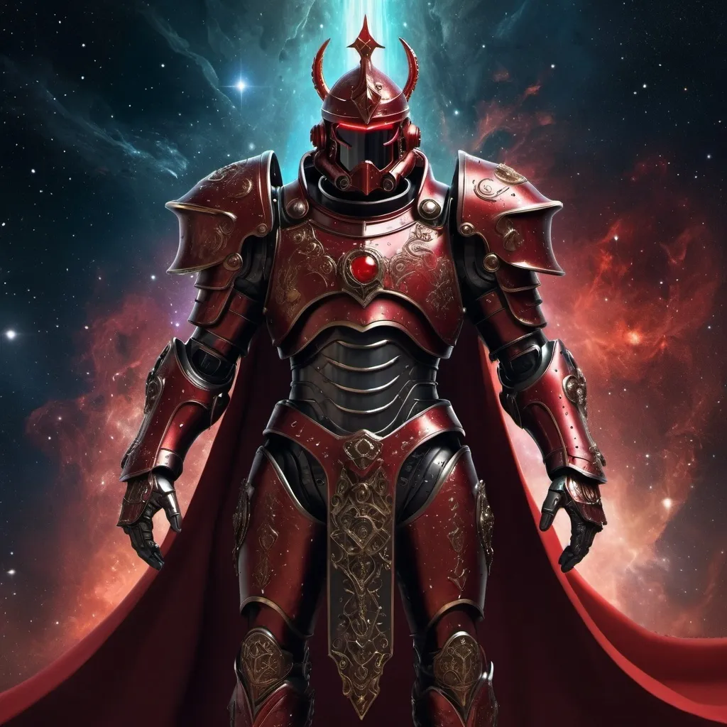 Prompt: Sci-fi male king with gothic power armor with a Scarlet shoulder cape and knight helmet 