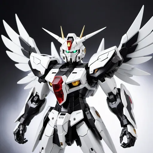 Prompt: Gundam devil with energy wings in silver and white and black with halo