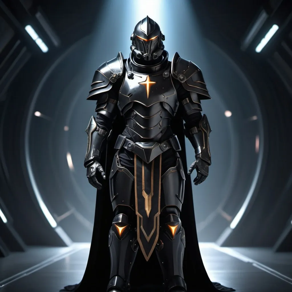 Prompt: Sci-fi templar with power armor and shoulder cape in black 