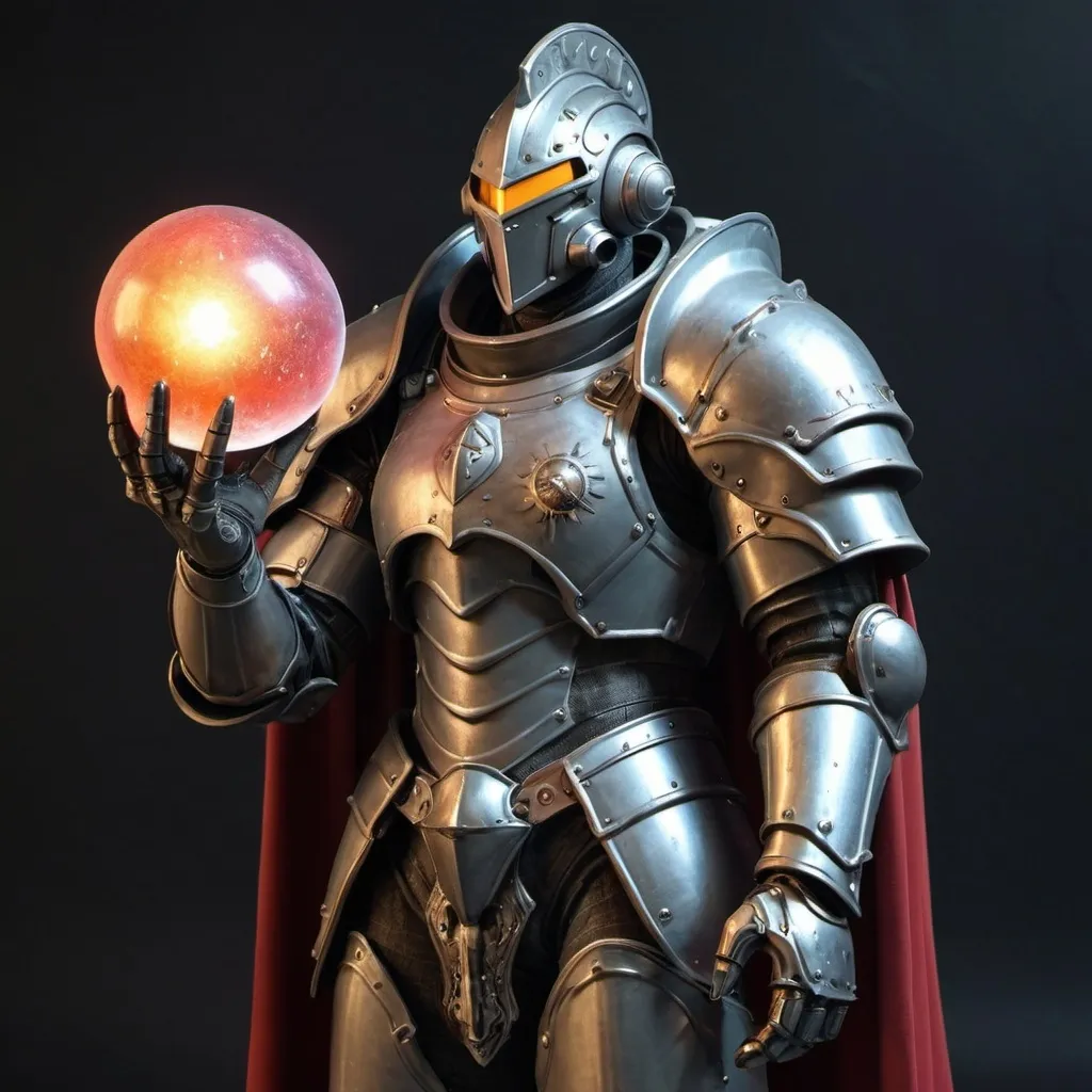 Prompt: Sci-fi knight in power armor with shoulder cape and an cosmic orb head 