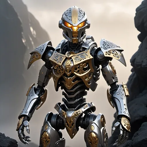 Prompt: Sci-fi Bionicle soldier with gothic design in gold and silver 