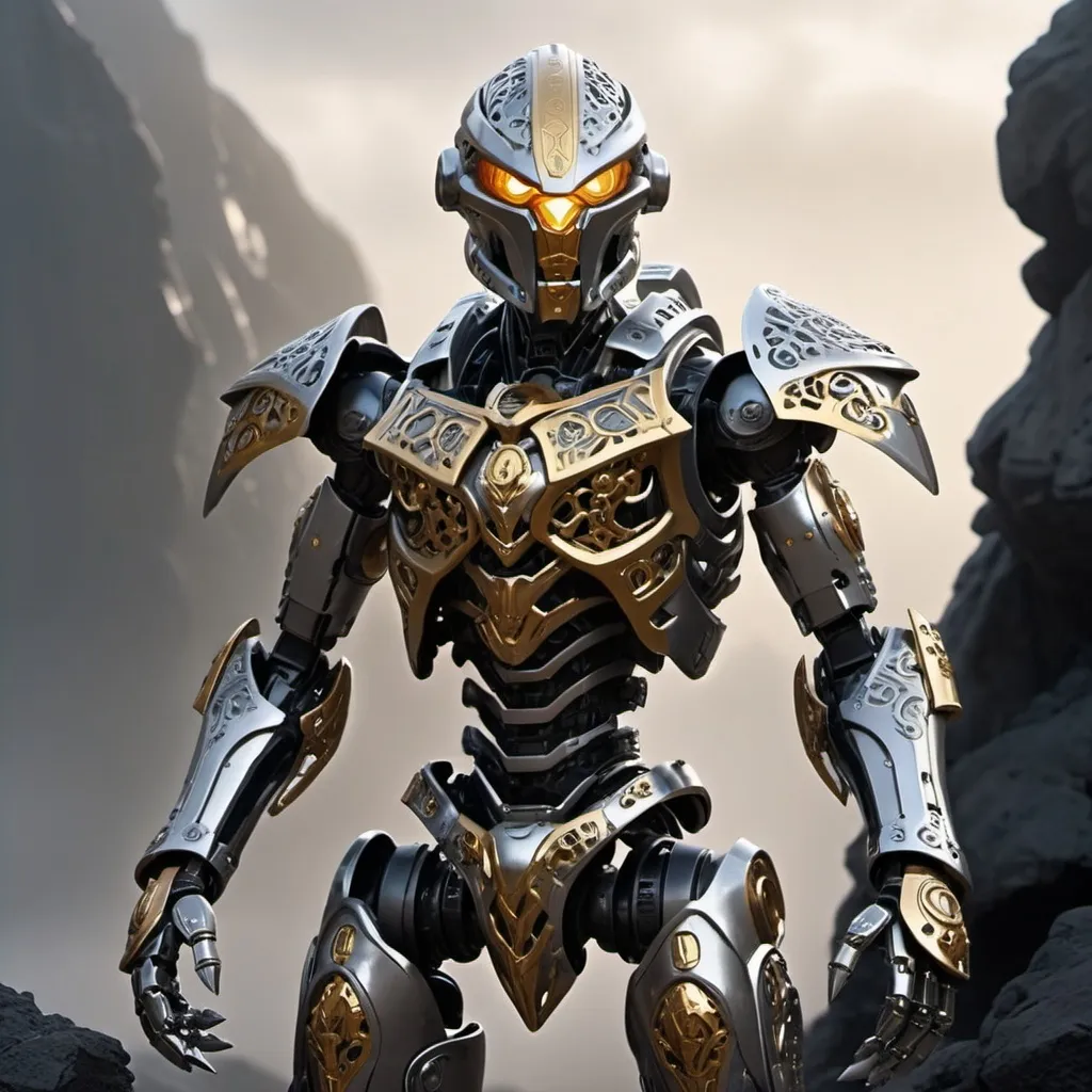 Prompt: Sci-fi Bionicle soldier with gothic design in gold and silver 