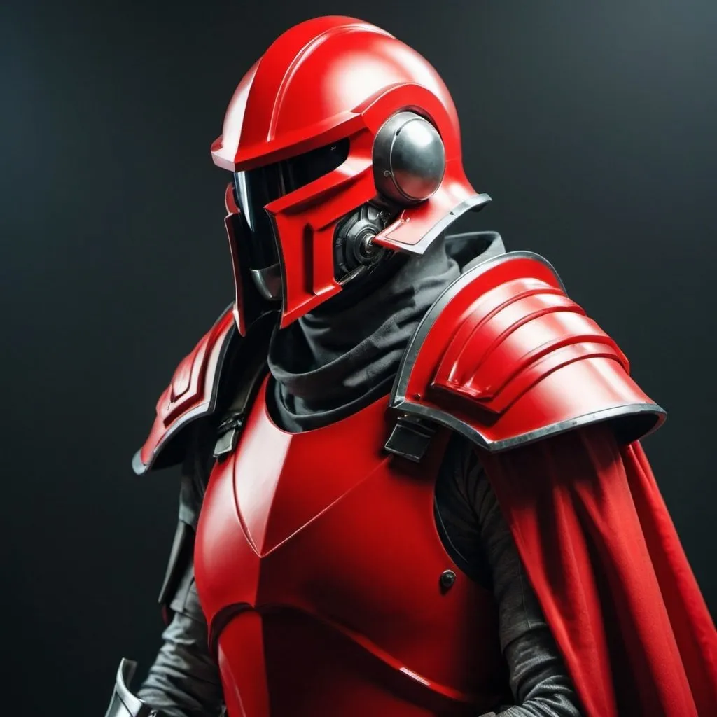 Prompt: Sci-fi soldier with shoulder cape and Knight helmet in red