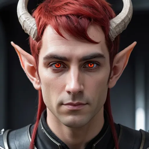 Prompt: Male elf Sci-fi protagonist with horns and red and black hair with amber eyes 