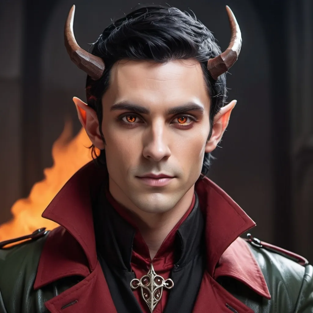 Prompt: Elf male with horns and black hair with red highlights, with a fine toned jawline and has a trench coat with a shoulder cape with gothic design that has fiery amber eyes 