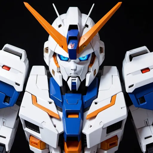 Prompt: White and blue gundam with orange eyes 