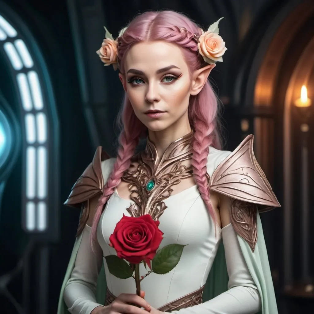 Prompt: Elven woman with rose hair in sci-fi regal dress