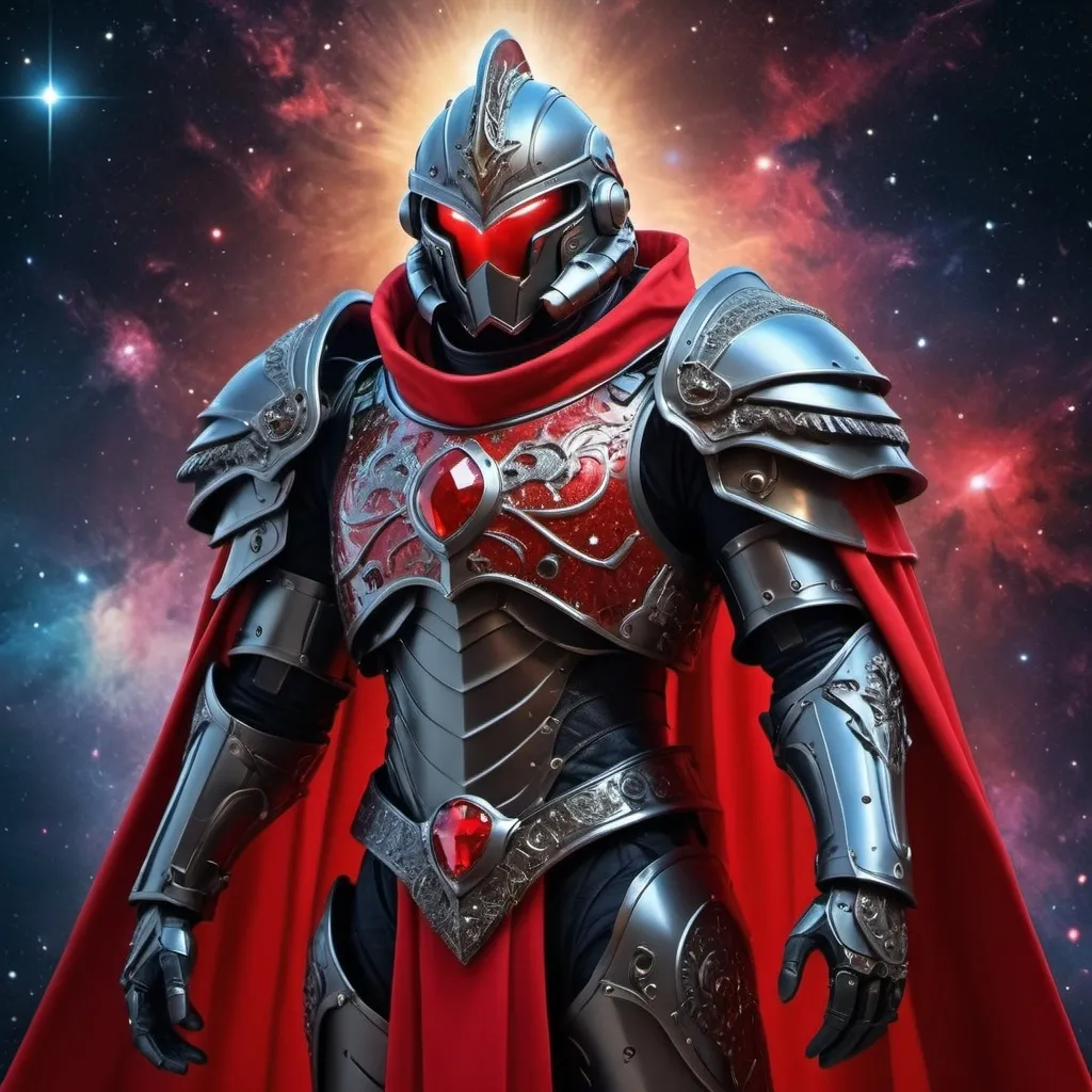 Prompt: Sci-fi male king with raven power armor with a Scarlet shoulder cape and knight helmet 