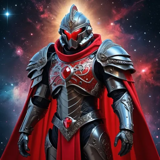 Prompt: Sci-fi male king with raven power armor with a Scarlet shoulder cape and knight helmet 