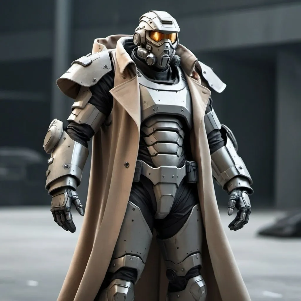 Prompt: Sci-fi soldier in power armor with a shoulder cape and trench coat 