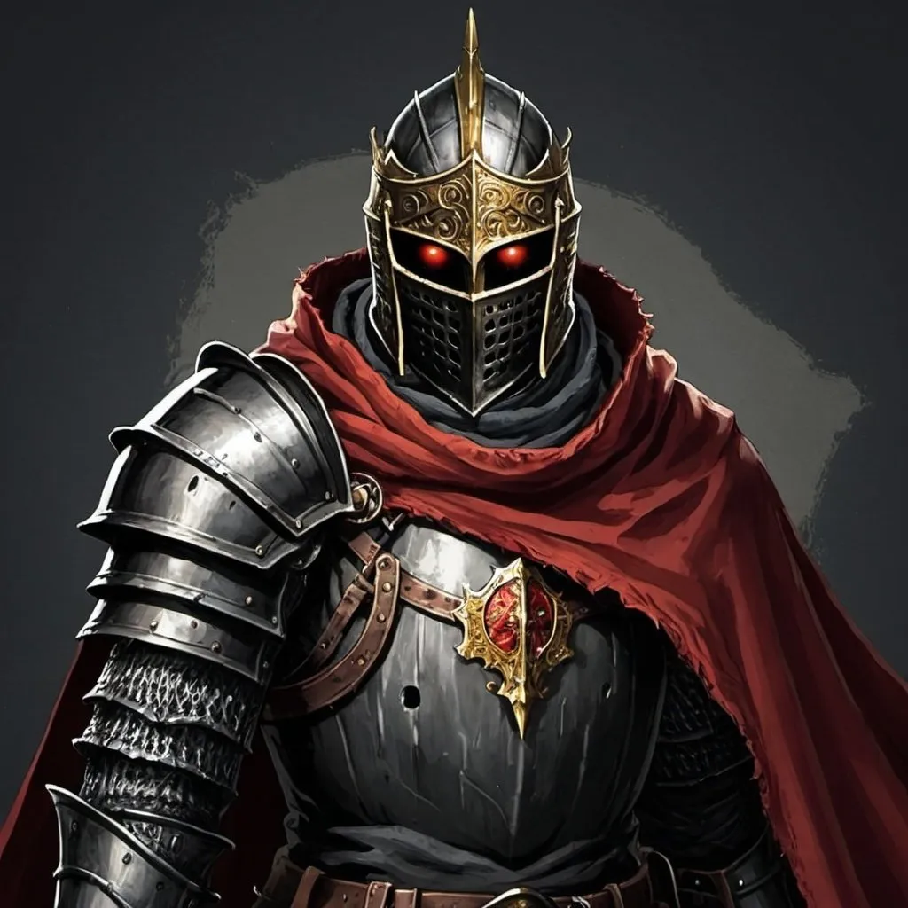 Prompt: Dark souls Knight with one gold eye and one red eye with shoulder cape 