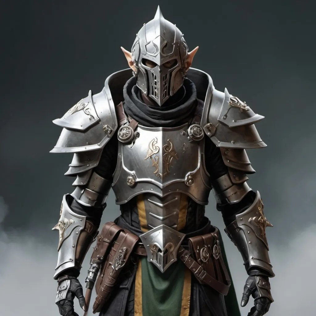 Prompt: Sci-fi male elf soldier that has norse and gothic design armor with a shoulder cape in Warhammer 40k power armor with knight helmet that has facemask 