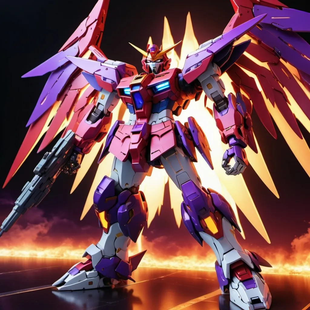 Prompt: Devil gundam mech with wings of red and purple energy blazing like the sun