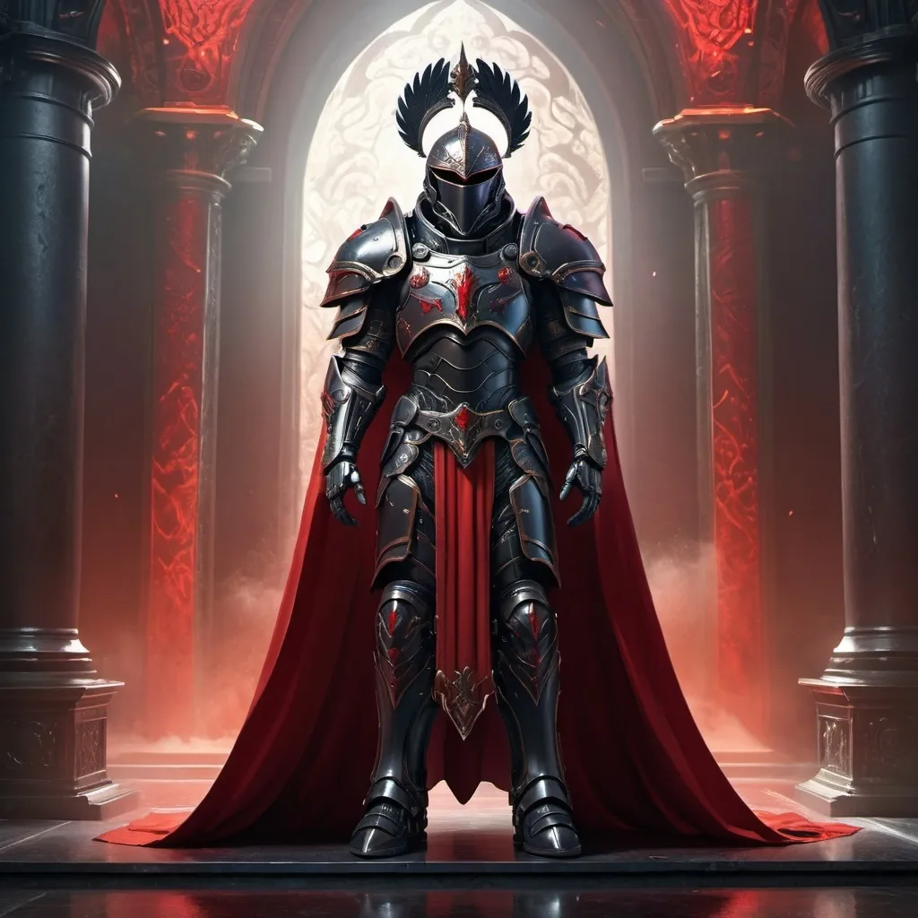 Prompt: Sci-fi male king with raven power armor with a Scarlet shoulder cape and knight helmet 