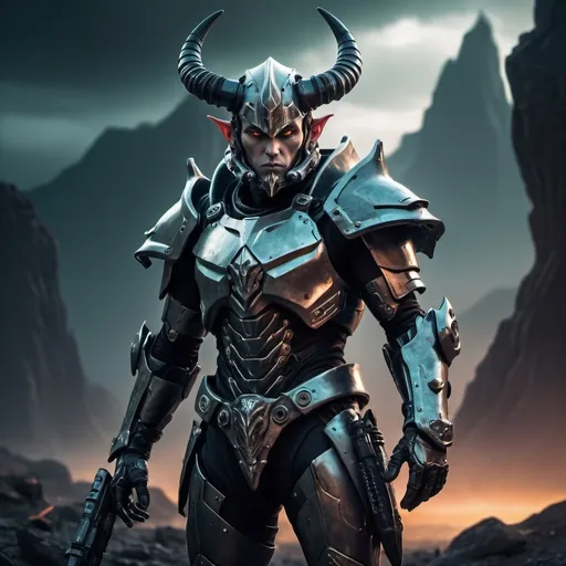 Prompt: Sci-fi male elf soldier with horns in power armor with gothic design 