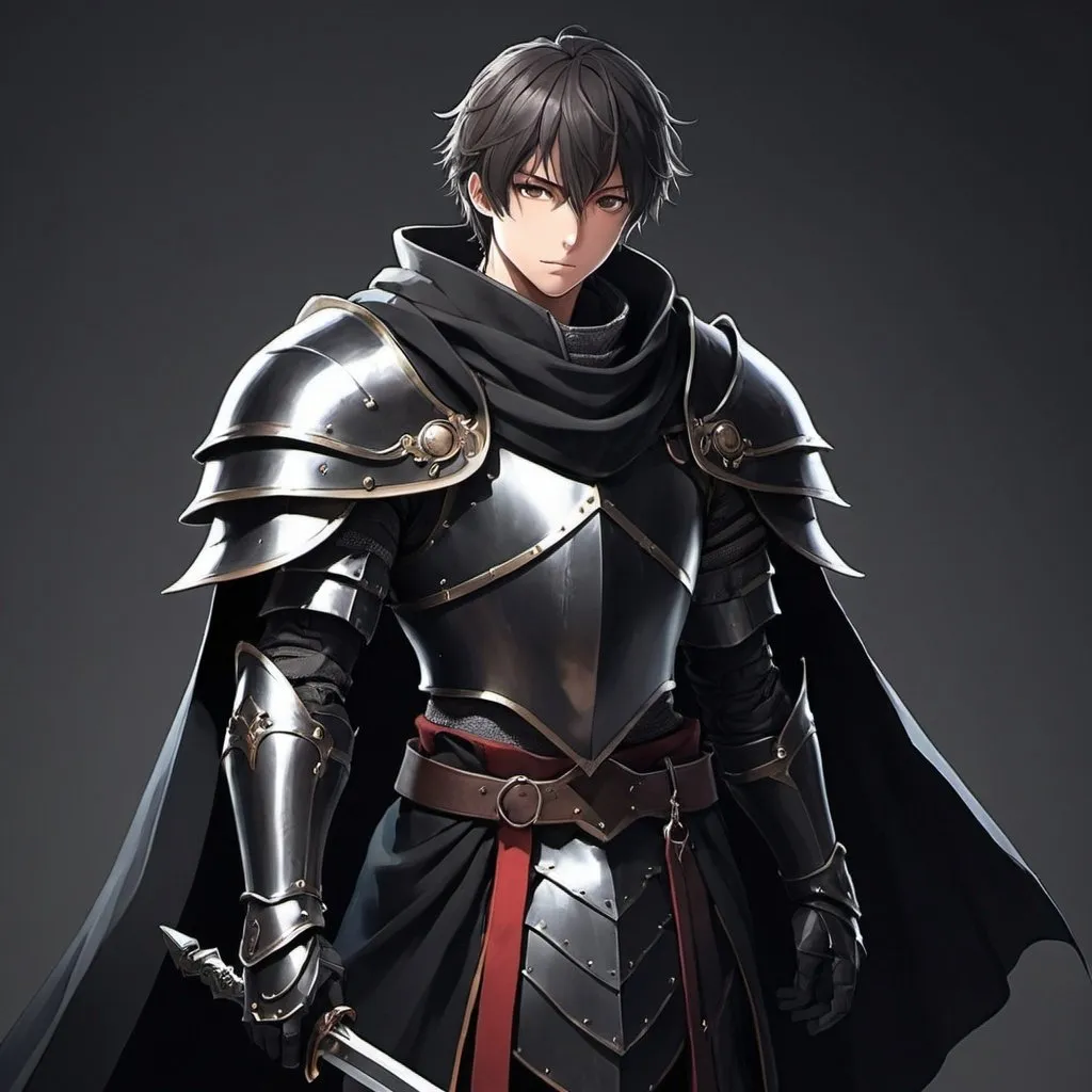 Prompt: Epic anime protagonist Knight with shoulder cape in black 