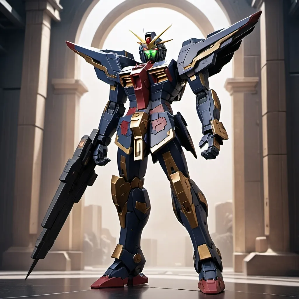 Prompt: Gundam vanguard with sleek armor and roman design with a hint of elven style in raven color 