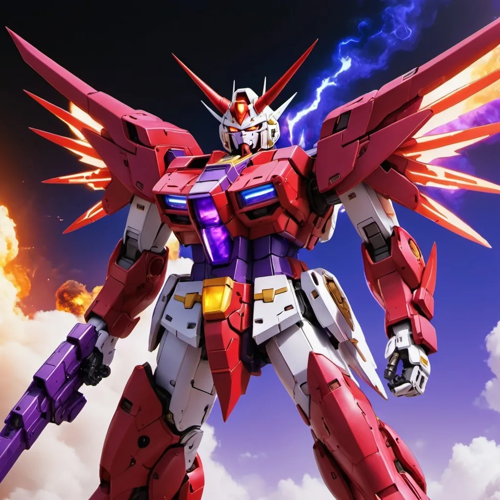 Prompt: Devil gundam mech with wings of red and purple energy blazing like the sun