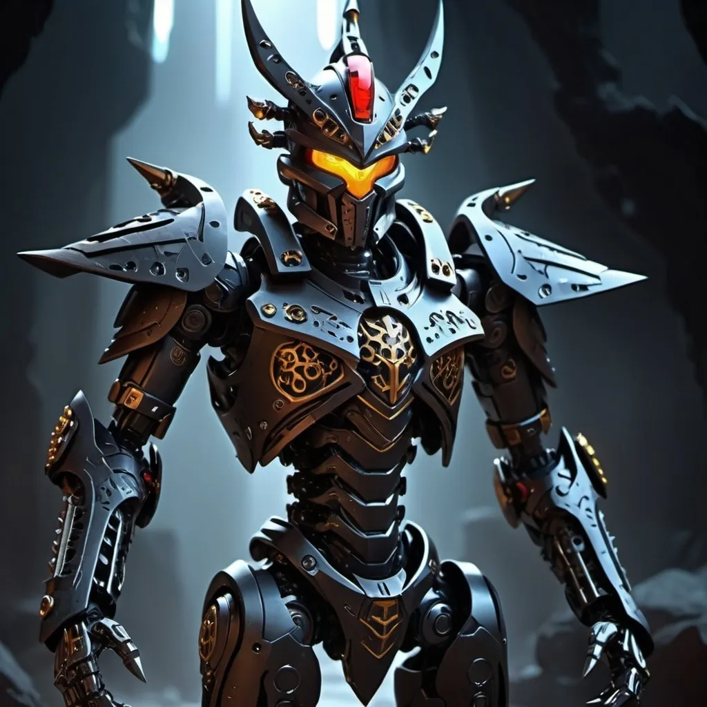 Prompt: Sci-fi Bionicle soldier with gothic design in  with a spiked crown and shoulder cape