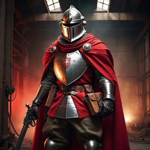 Prompt: Dieselpunk soldier with Knight helmet and has on a scarlet shoulder cape