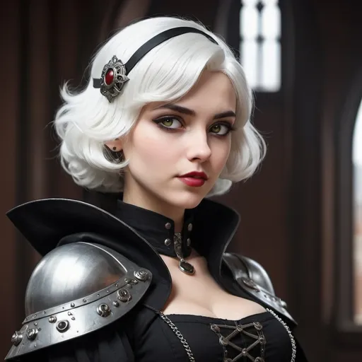 Prompt: Dieselpunk protagonist with gothic design and shoulder cape that also has snow white hair and amber eyes