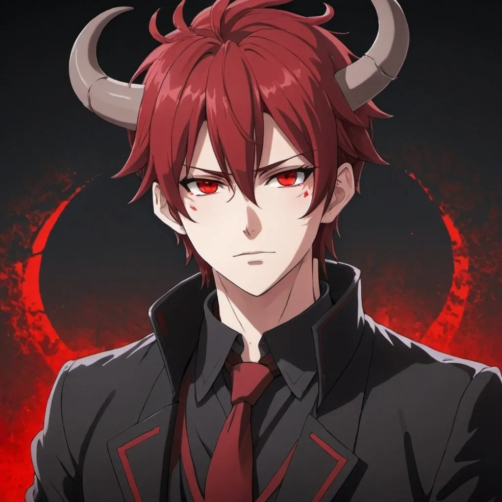 Prompt: Anime male protagonist with horns and red and black hair with red eyes