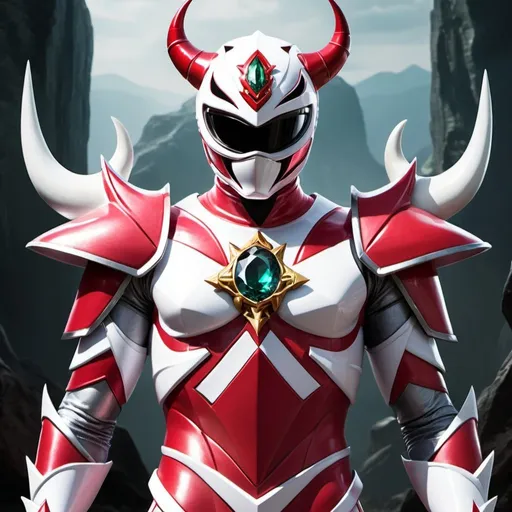 Prompt: White and red power ranger Knight with a crystal rose in the middle of the chest with horns 