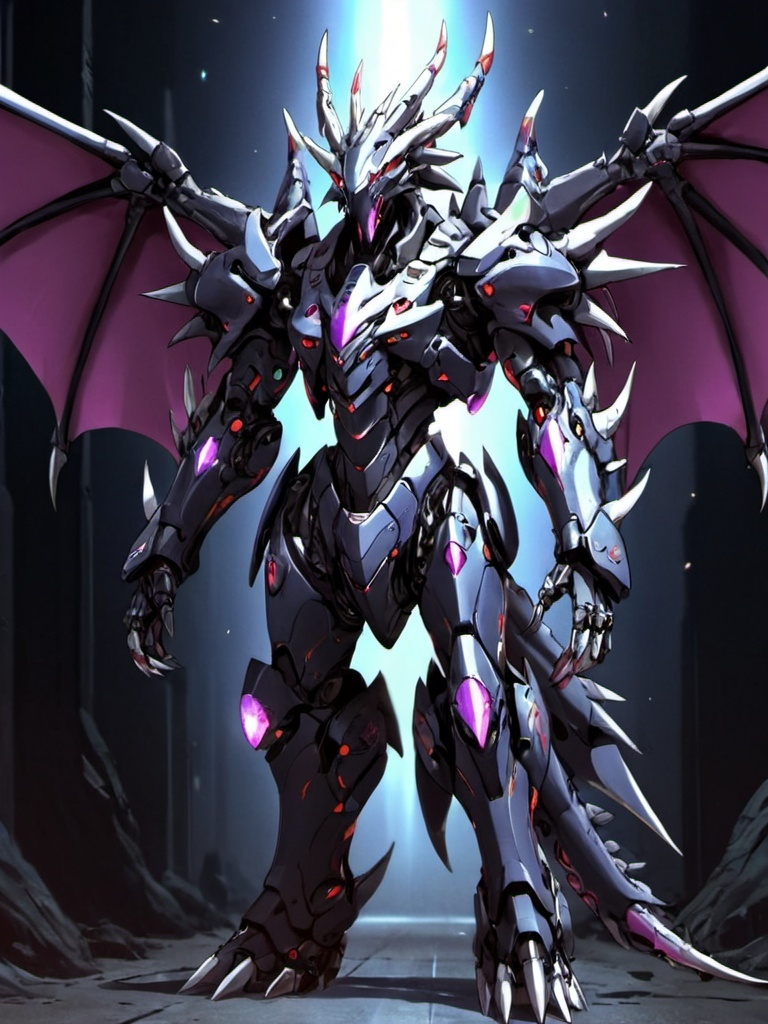 Prompt: Sci-fi anime dragon with gothic design power armor and has four arms