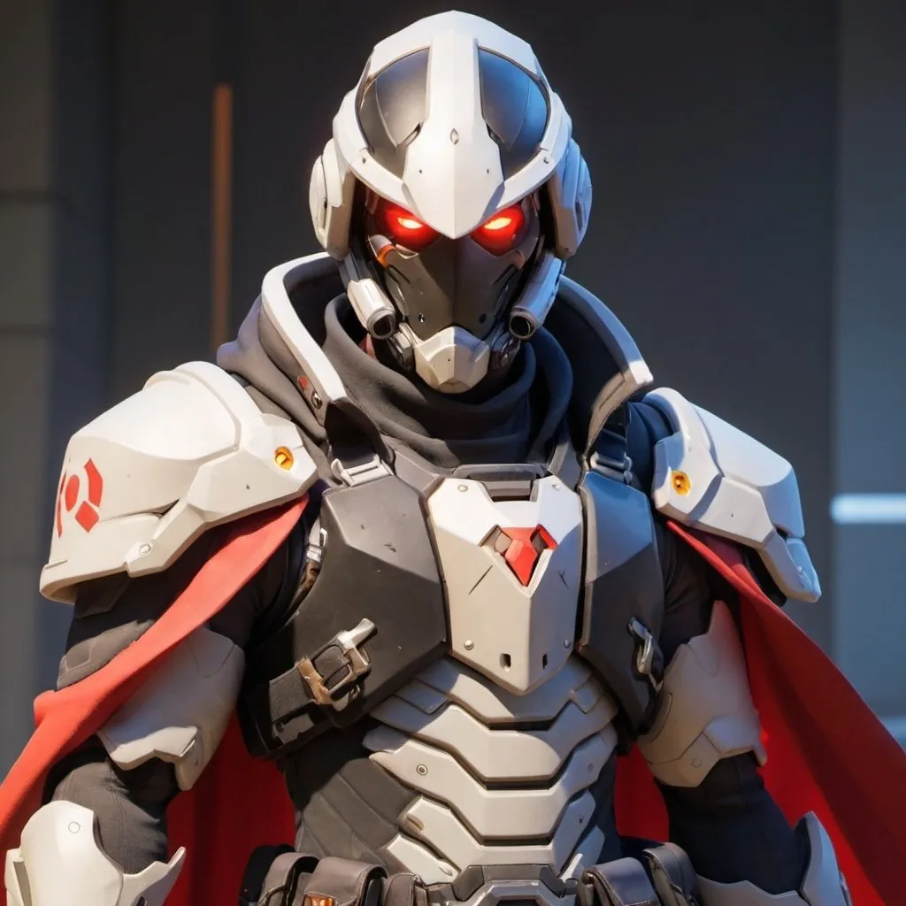 Prompt: Male overwatch soldier with Knight helmet in black and has a trench coat with a cape on the left shoulder and red eyes 
