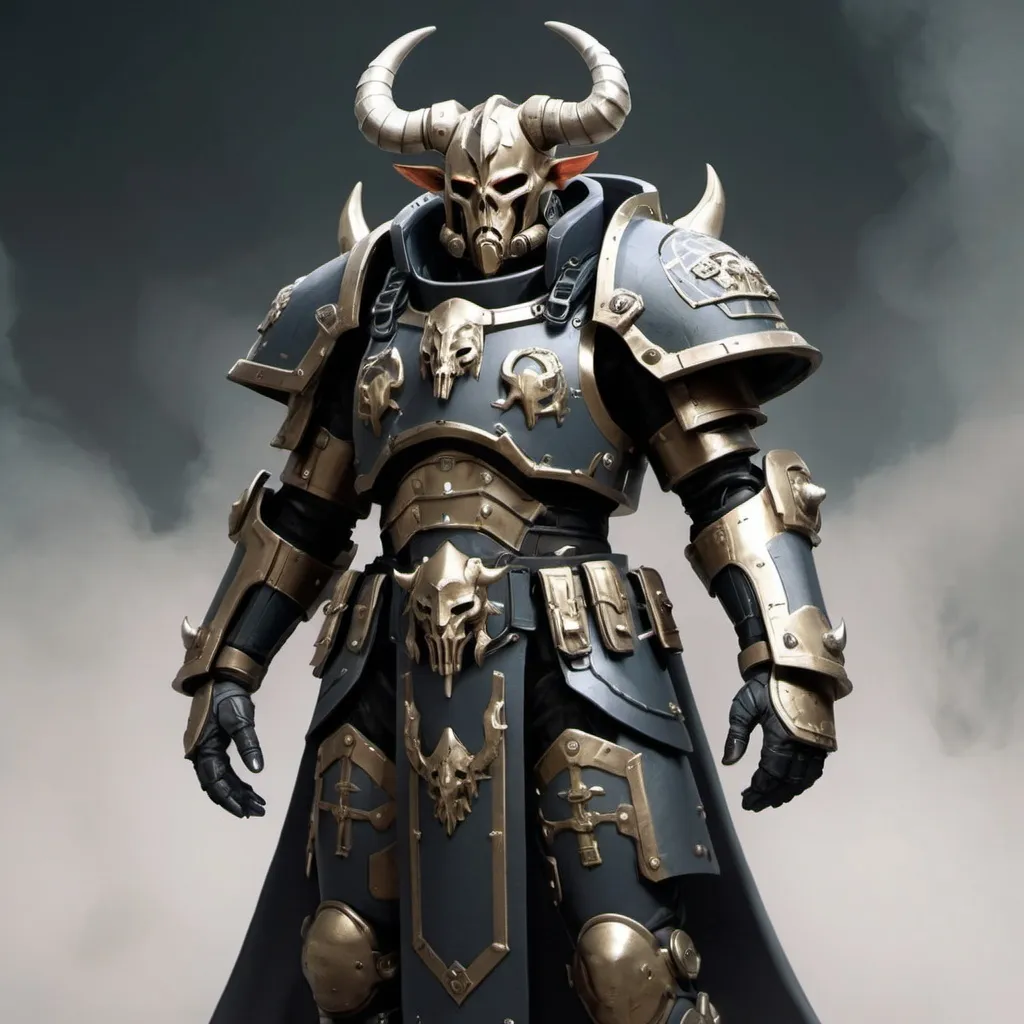 Prompt: Sci-fi soldier with horns that has norse and gothic design armor with a shoulder cape in Warhammer 40k power armor 