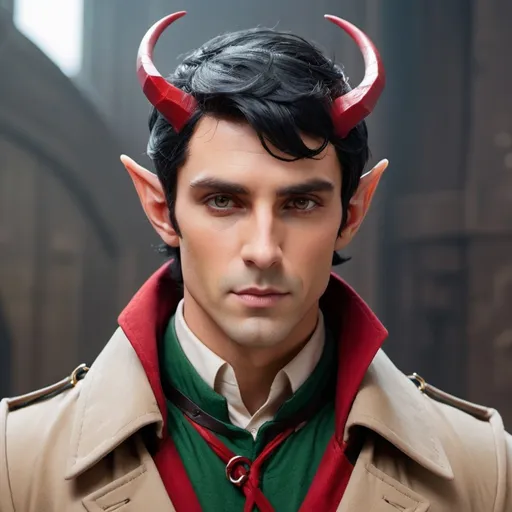 Prompt: Elf male with horns and black hair with red highlights, with a fine toned jawline and has a trench coat with a shoulder cape