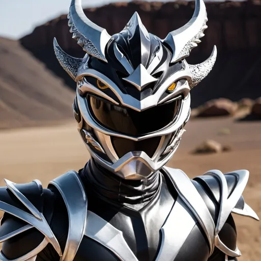 Prompt: Power ranger with dragon helmet with black and silver color that has horns