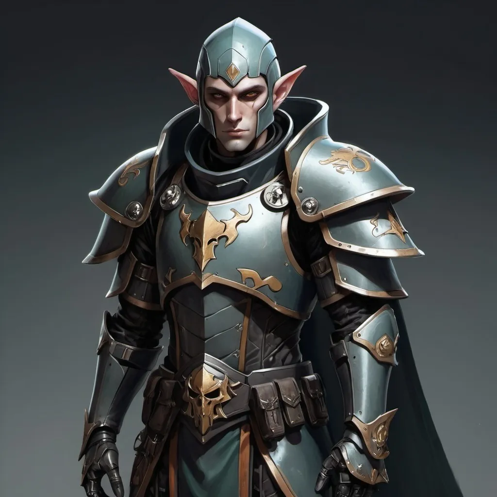 Prompt: Sci-fi male elf with Warhammer 40k armor design and shoulder cape with a sleek motif but also has a gothic design and has on an Knight helmet  with mask 