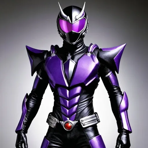 Prompt: Kamen rider entropy in black and purple 