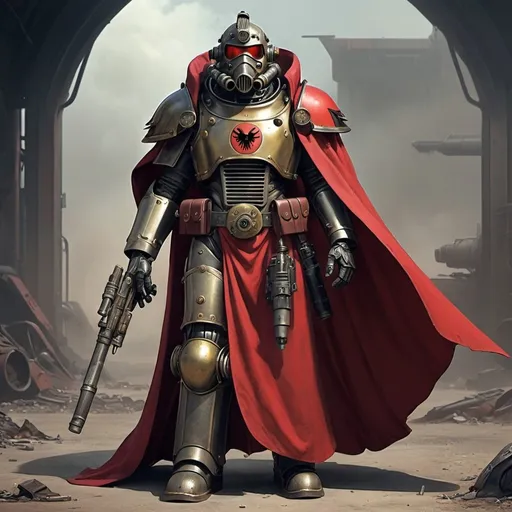 Prompt: Dieselpunk emperor with fallout power armor and a shoulder cape that is scarlet with a raven like helmet 