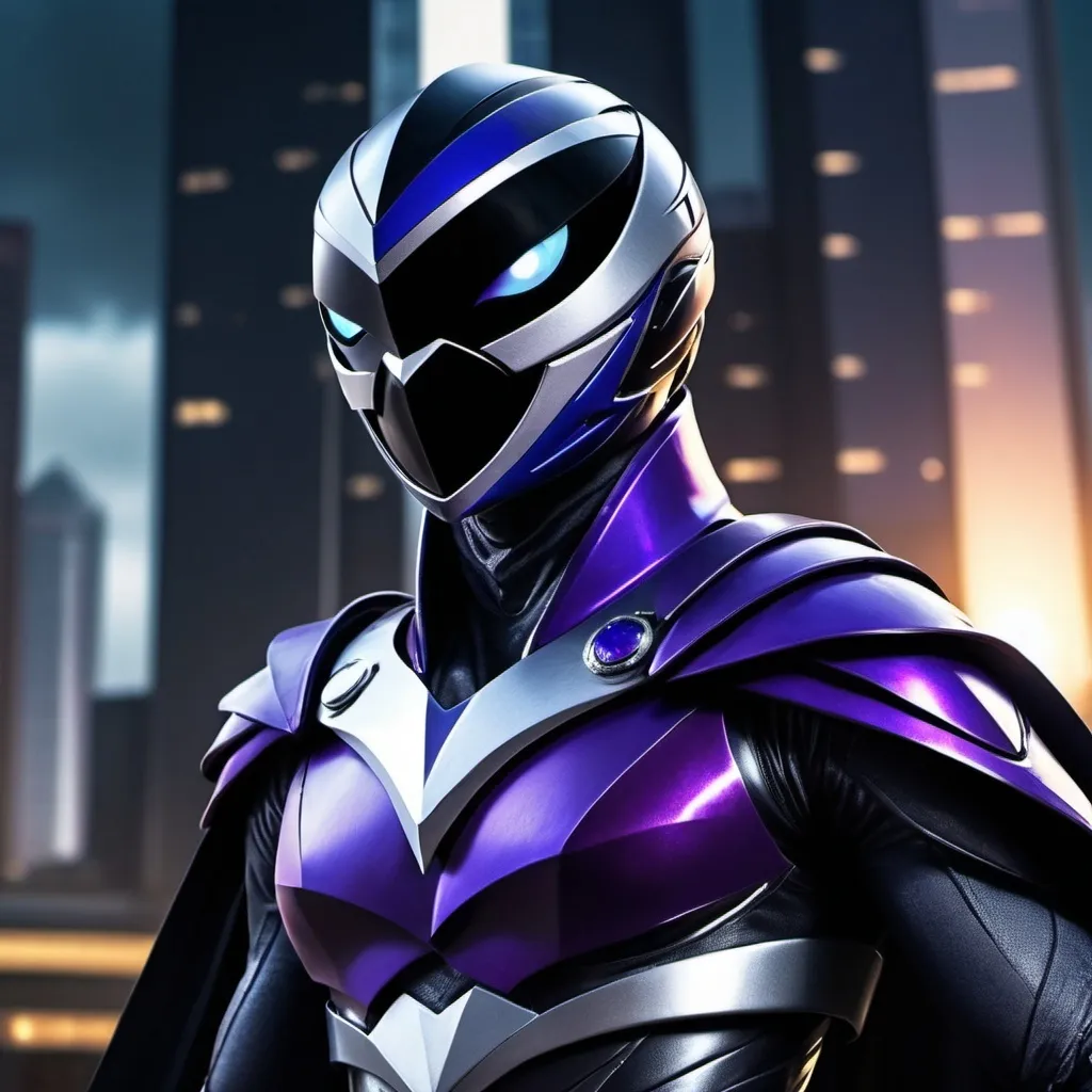 Prompt: Raven power ranger with shoulder cape