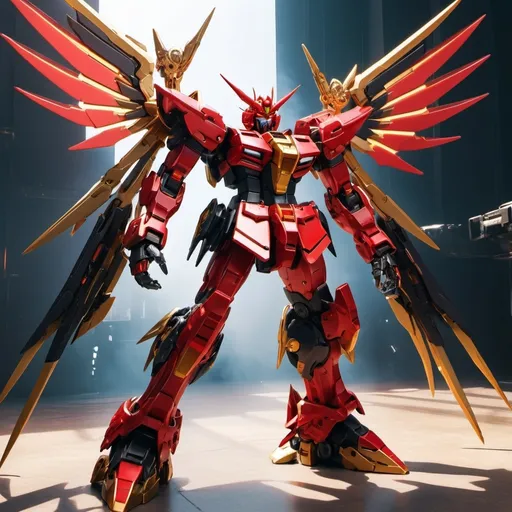 Prompt: (Devil gundam mech), impressive (red and black blazing energy wings), (dynamic action pose), intricate mechanical design, high-tech details, illuminated with (golden sunlight radiance), dramatic shadows enhancing the powerful presence, futuristic backdrop, intense atmosphere, awe-inspiring, ultra-detailed, 4K quality, visually striking composition.