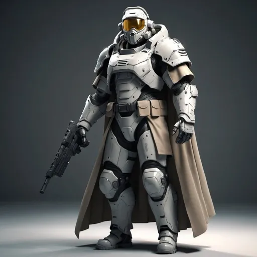 Prompt: Sci-fi soldier in power armor with a shoulder cape and trench coat 