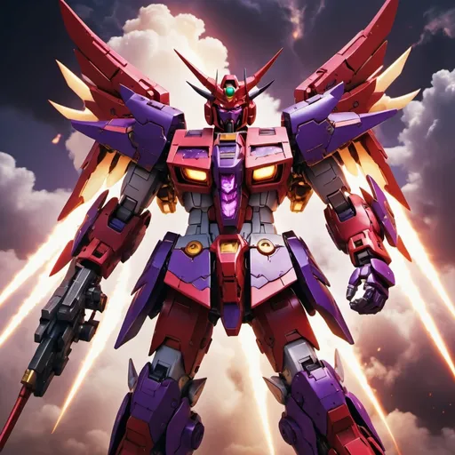 Prompt: Devil gundam mech with wings of red and purple energy blazing like the sun