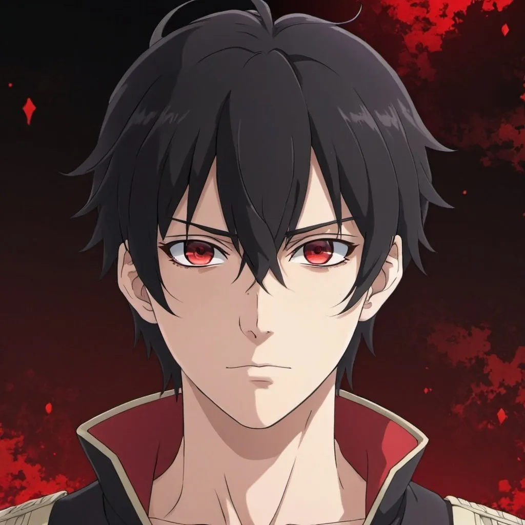 Prompt: Male Anime protagonist with black hair and scarlet eyes 