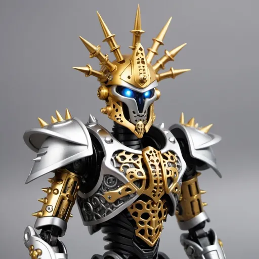 Prompt: Sci-fi Bionicle soldier with gothic design in gold and silver with a spiked crown 